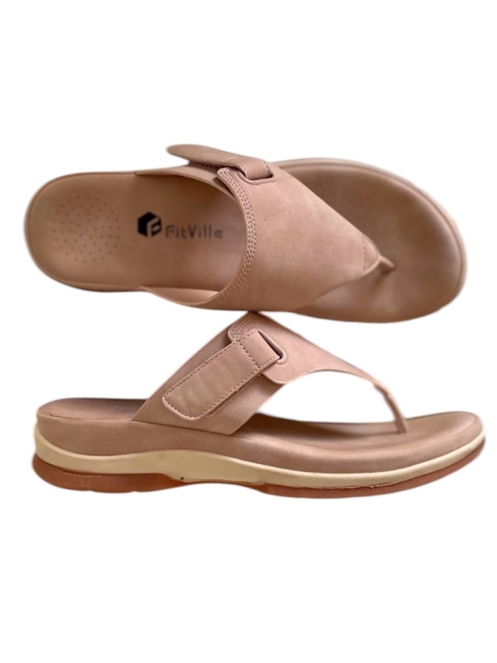 FitVille Queenesque Blush Thong Sandals Cushioned Footbed Adjustable Strap Sz7